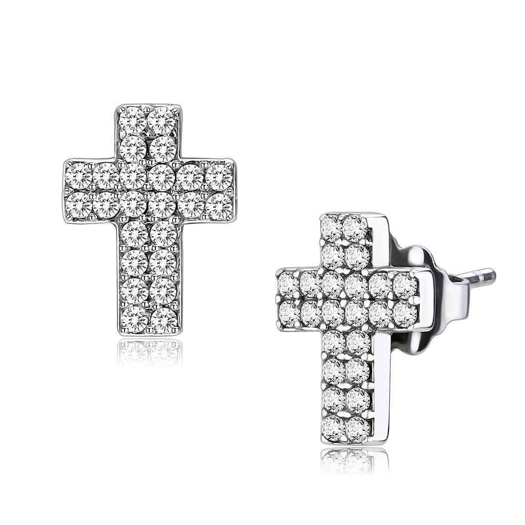 JCE098 High polished (no plating) Stainless Steel Earrings with AAA Grade CZ in Clear