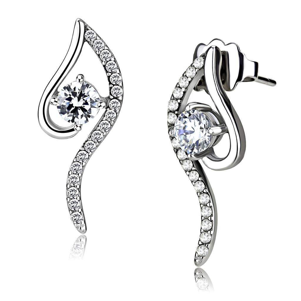 JCE177 High polished (no plating) Stainless Steel Earrings with AAA Grade CZ in Clear