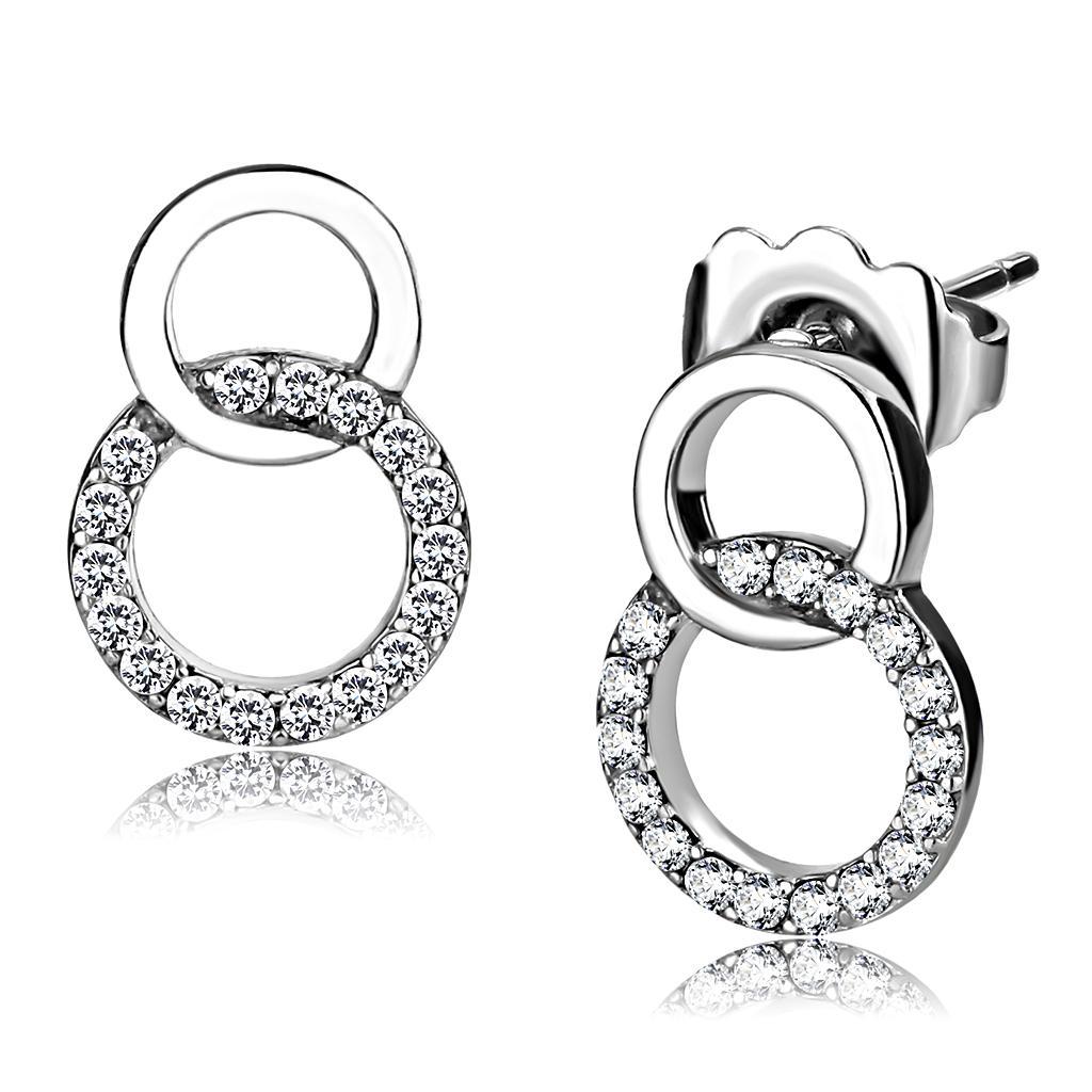JCE179 High polished (no plating) Stainless Steel Earrings with AAA Grade CZ in Clear
