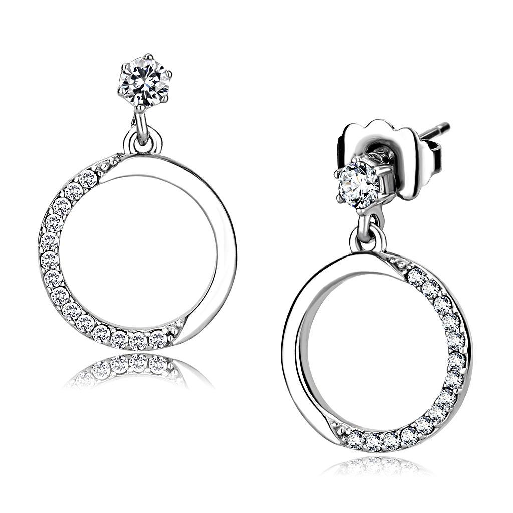 JCE180 High polished (no plating) Stainless Steel Earrings with AAA Grade CZ in Clear