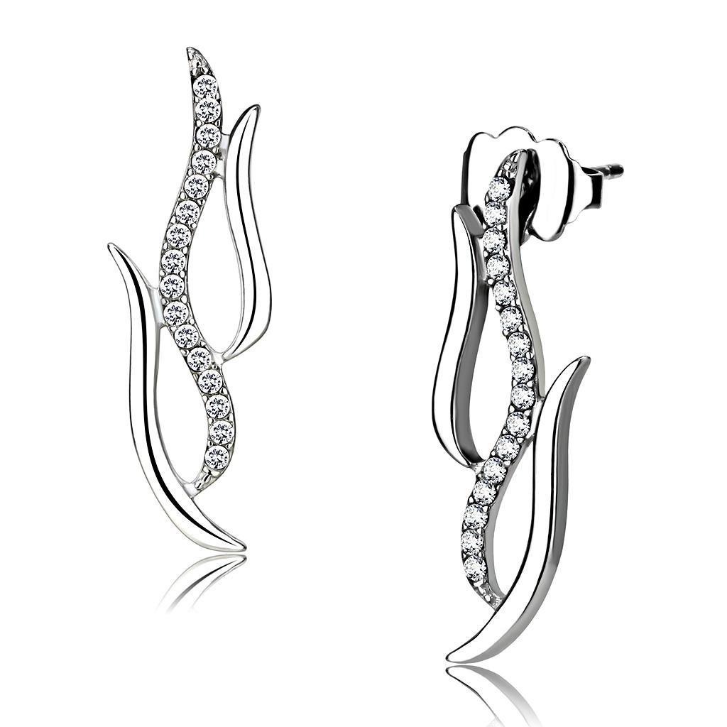 JCE182 High polished (no plating) Stainless Steel Earrings with AAA Grade CZ in Clear