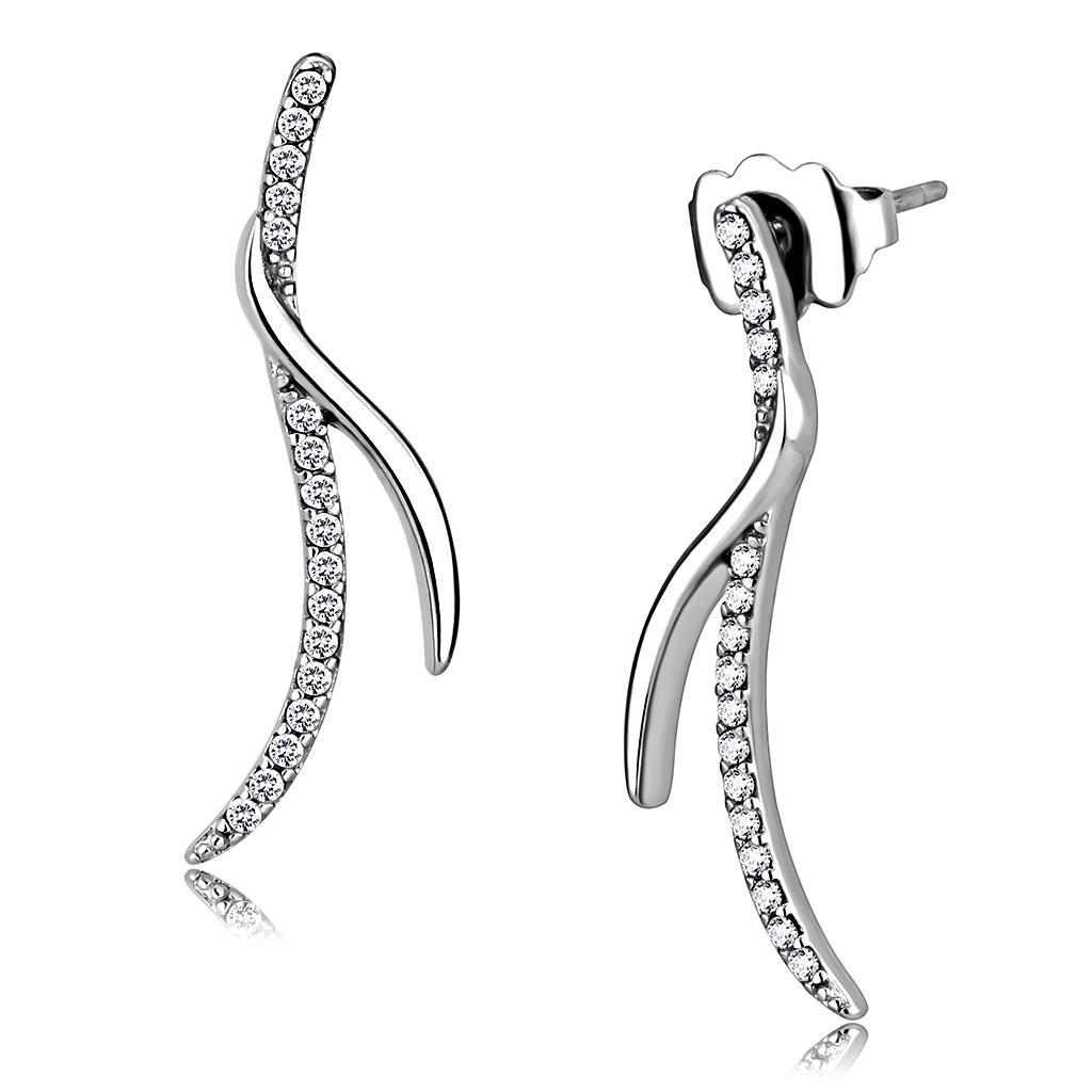 JCE183 High polished (no plating) Stainless Steel Earrings with AAA Grade CZ in Clear