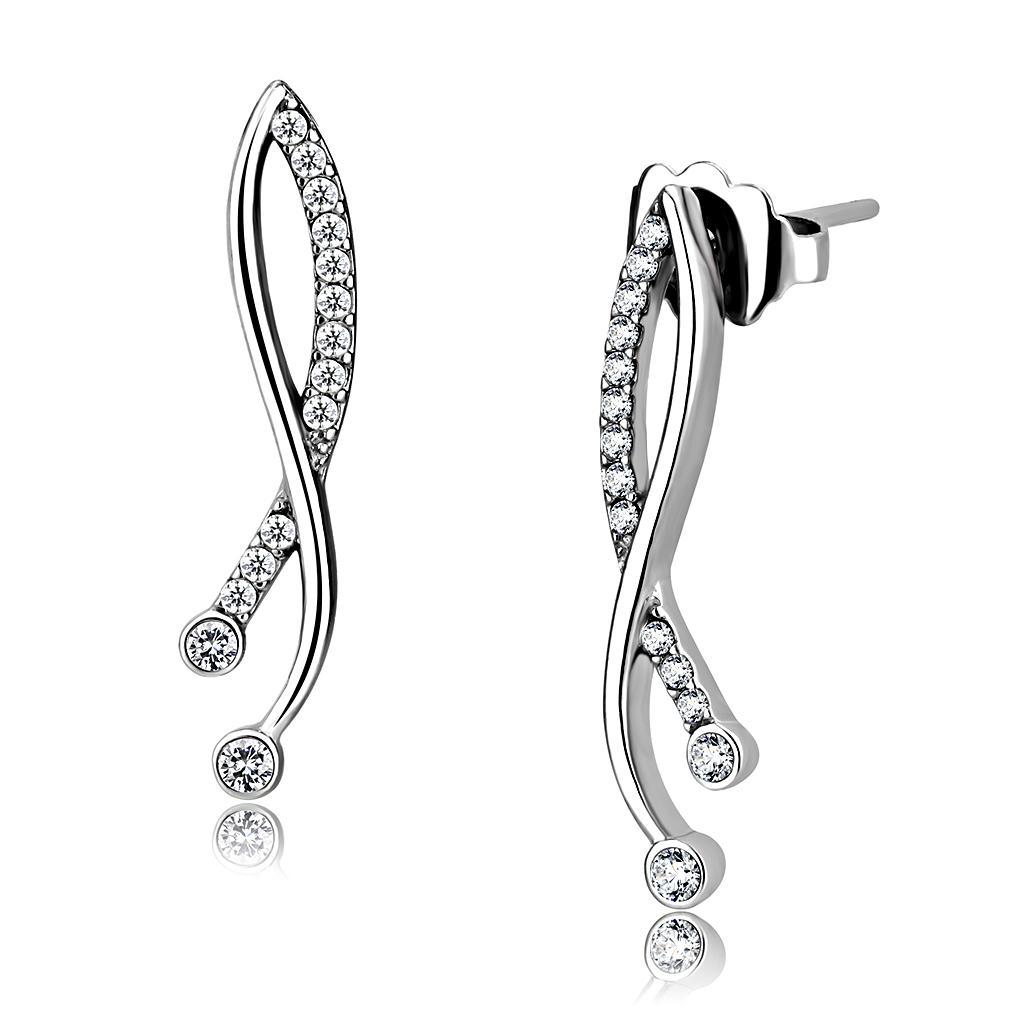 JCE184 High polished (no plating) Stainless Steel Earrings with AAA Grade CZ in Clear
