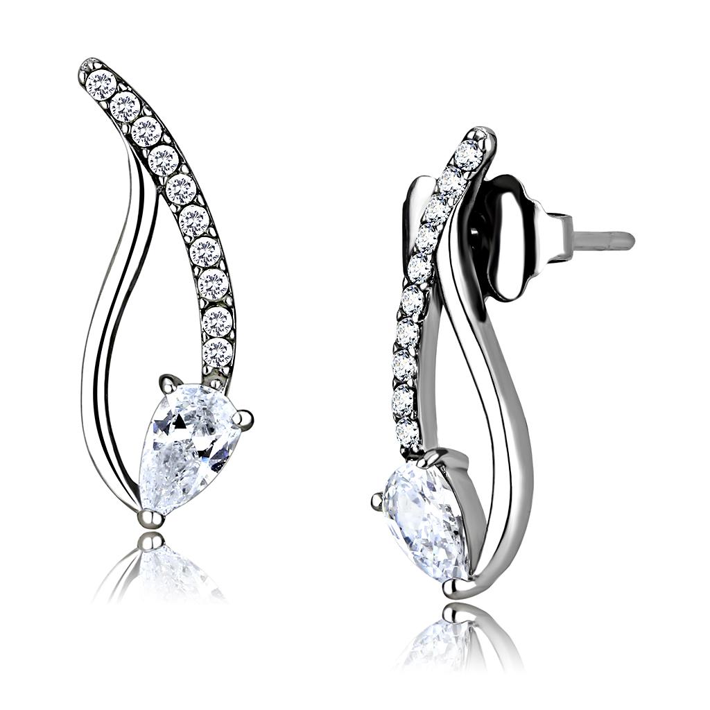 JCE185 High polished (no plating) Stainless Steel Earrings with AAA Grade CZ in Clear