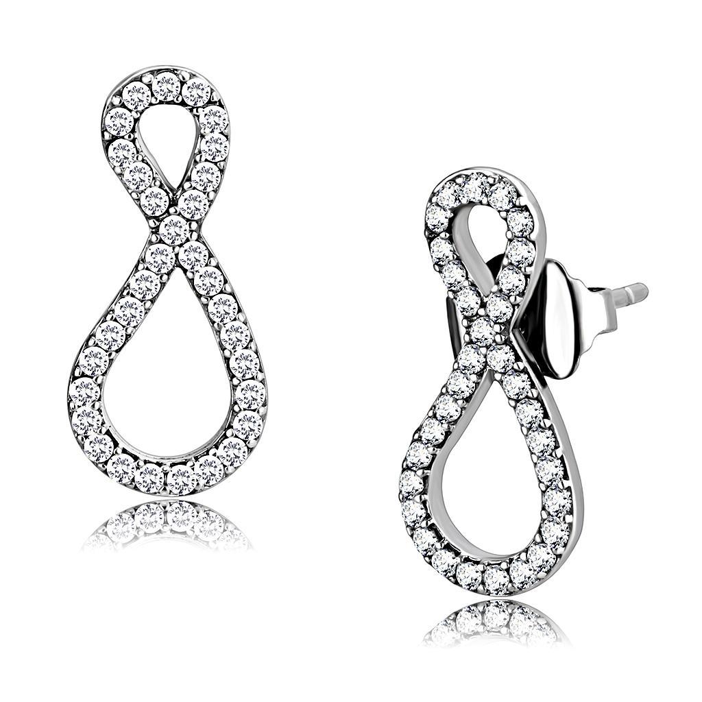JCE186 High polished (no plating) Stainless Steel Earrings with AAA Grade CZ in Clear