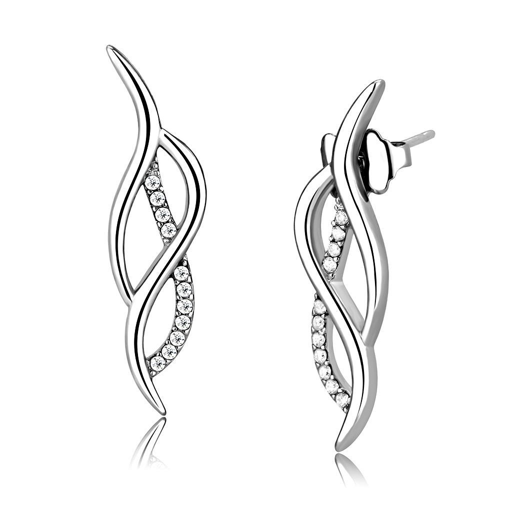 JCE187 High polished (no plating) Stainless Steel Earrings with AAA Grade CZ in Clear