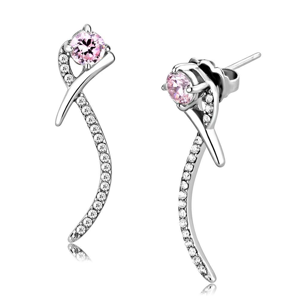 JCE188 High polished (no plating) Stainless Steel Earrings with AAA Grade CZ in Rose
