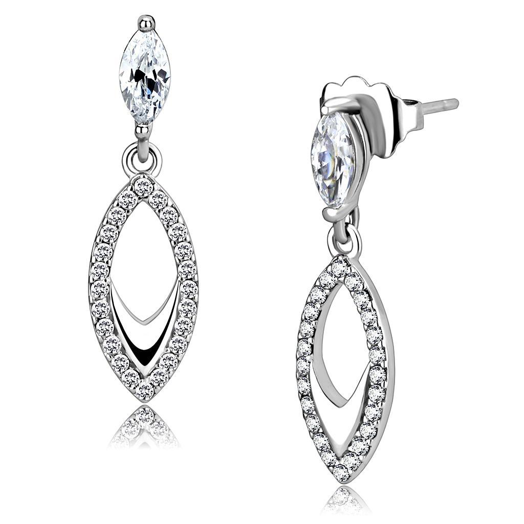 JCE189 High polished (no plating) Stainless Steel Earrings with AAA Grade CZ in Clear
