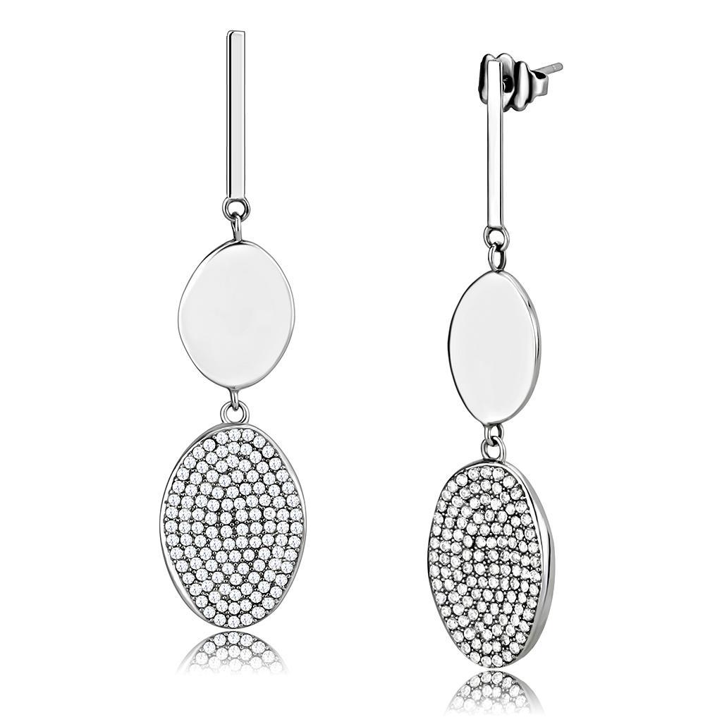 JCE193 High polished (no plating) Stainless Steel Earrings with AAA Grade CZ in Clear