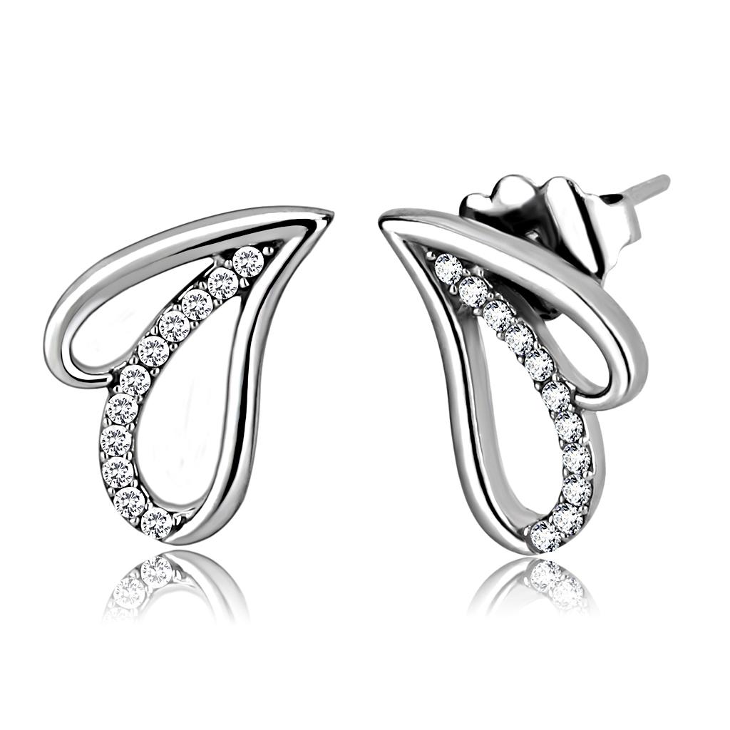 JCE195 High polished (no plating) Stainless Steel Earrings with AAA Grade CZ in Clear