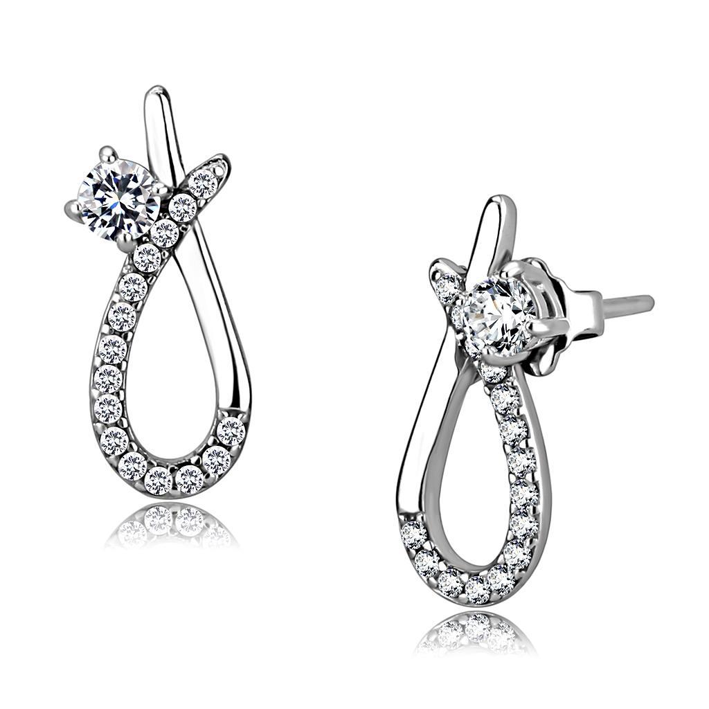 JCE196 High polished (no plating) Stainless Steel Earrings with AAA Grade CZ in Clear