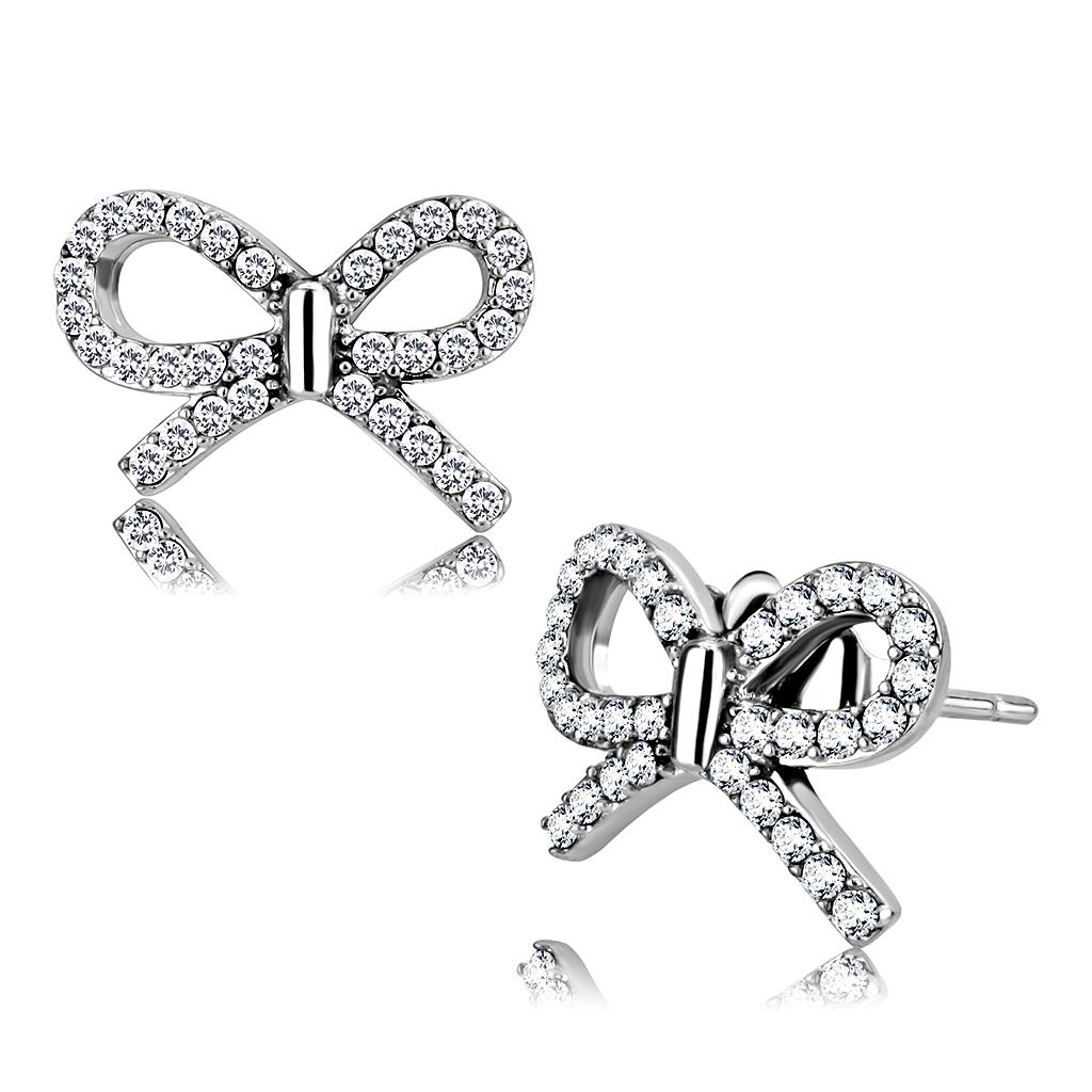 JCE197 High polished (no plating) Stainless Steel Earrings with AAA Grade CZ in Clear