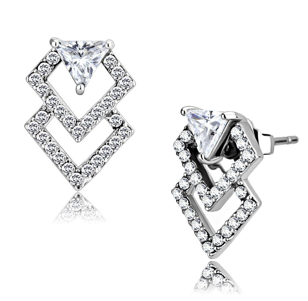 JCE198 High polished (no plating) Stainless Steel Earrings with AAA Grade CZ in Clear