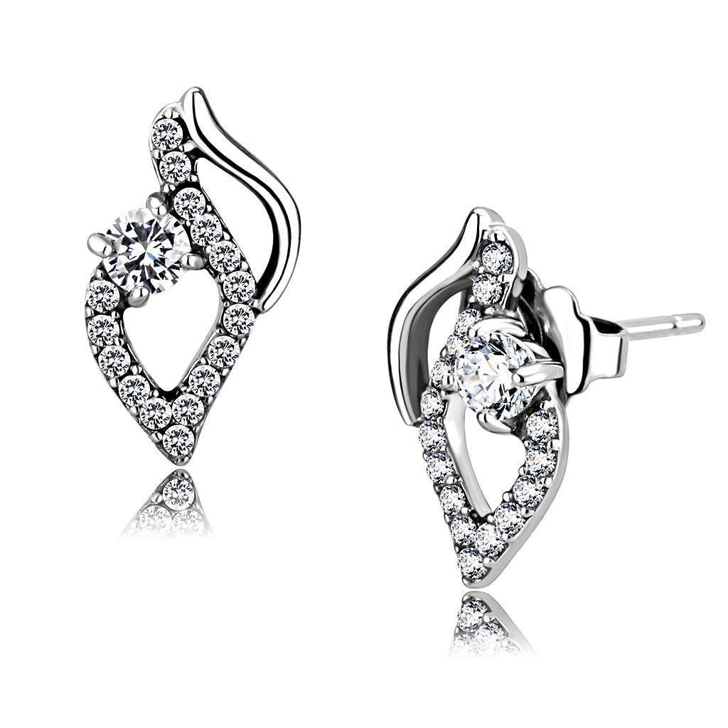 JCE199 High polished (no plating) Stainless Steel Earrings with AAA Grade CZ in Clear