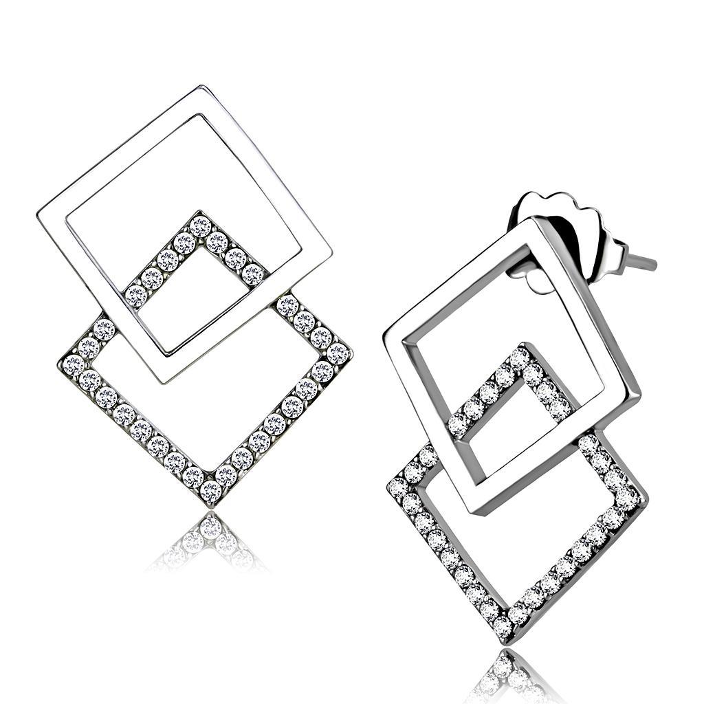 JCE201 High polished (no plating) Stainless Steel Earrings with AAA Grade CZ in Clear