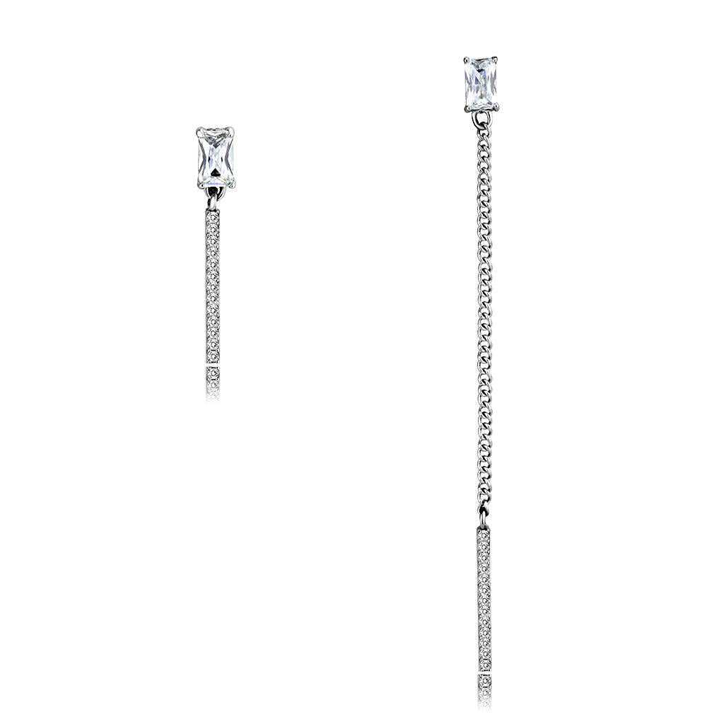 JCE202 High polished (no plating) Stainless Steel Earrings with AAA Grade CZ in Clear
