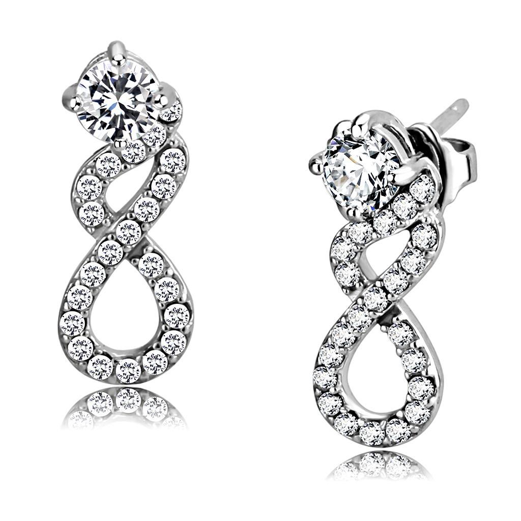 JCE203 High polished (no plating) Stainless Steel Earrings with AAA Grade CZ in Clear