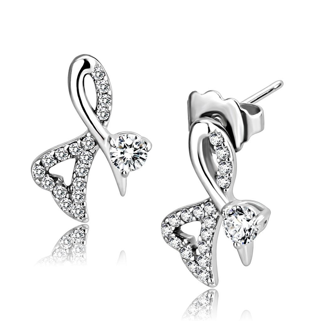 JCE204 High polished (no plating) Stainless Steel Earrings with AAA Grade CZ in Clear