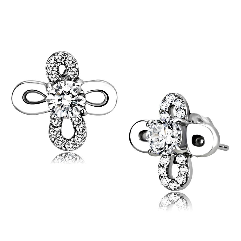 JCE206 High polished (no plating) Stainless Steel Earrings with AAA Grade CZ in Clear
