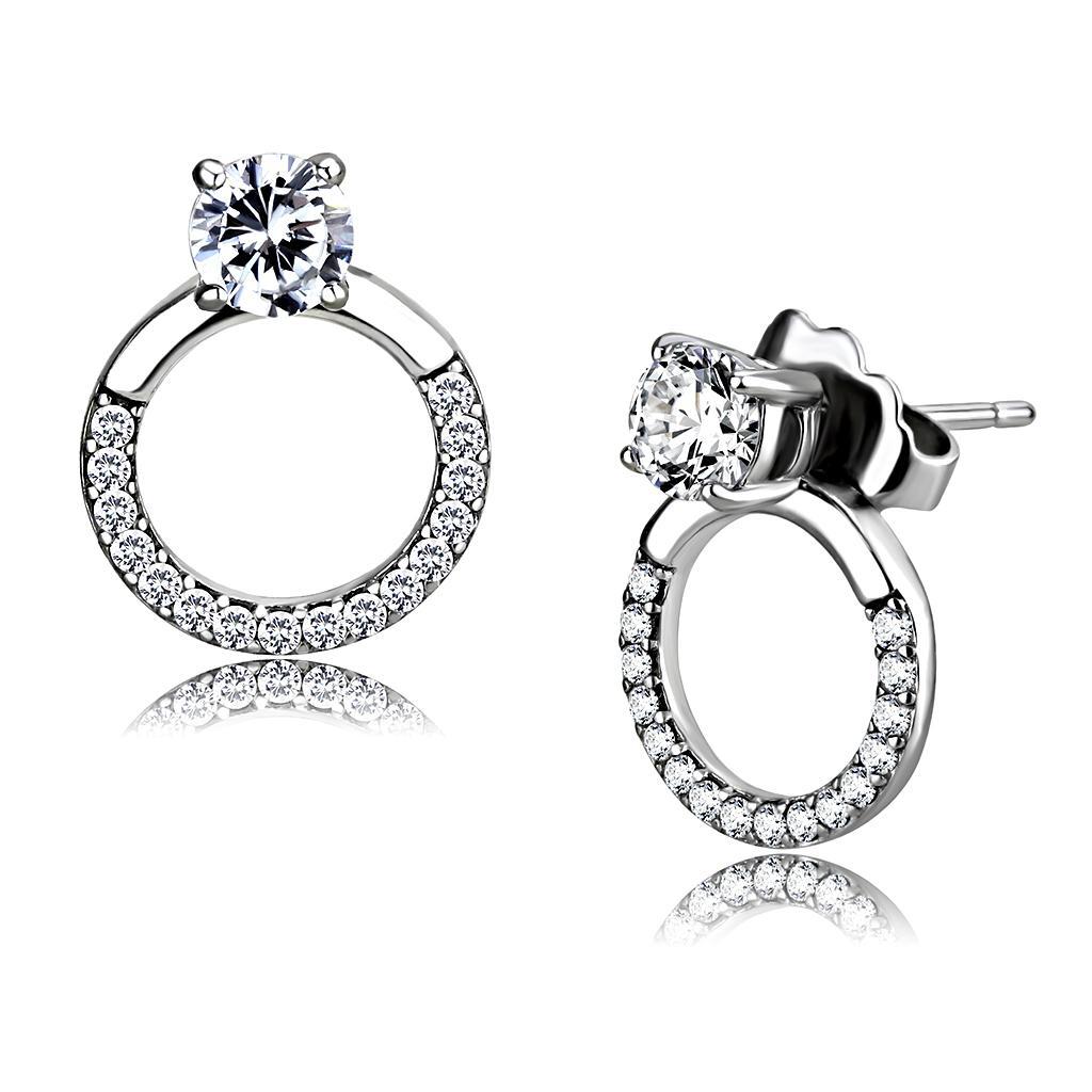 JCE208 High polished (no plating) Stainless Steel Earrings with AAA Grade CZ in Clear