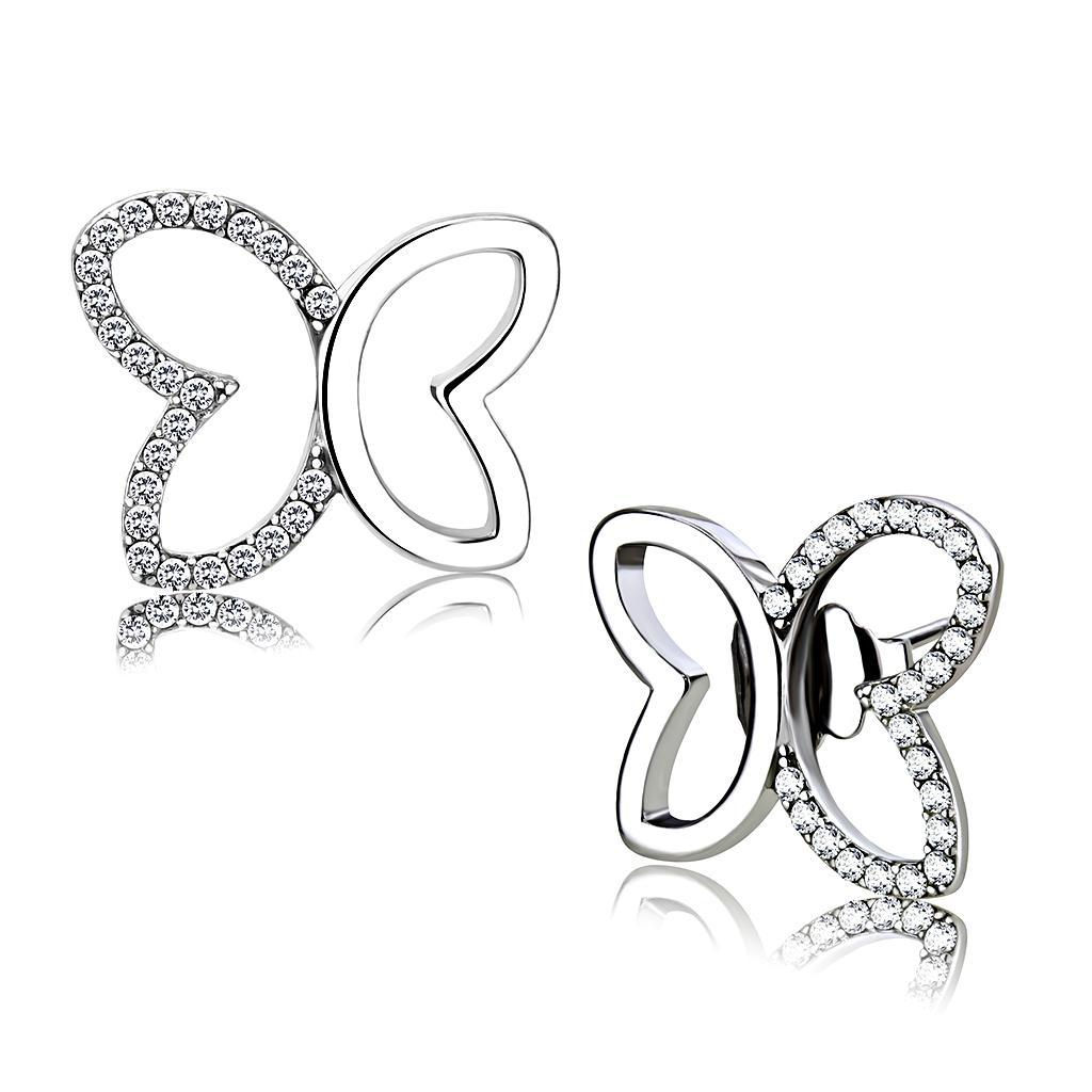 JCE209 High polished (no plating) Stainless Steel Earrings with AAA Grade CZ in Clear