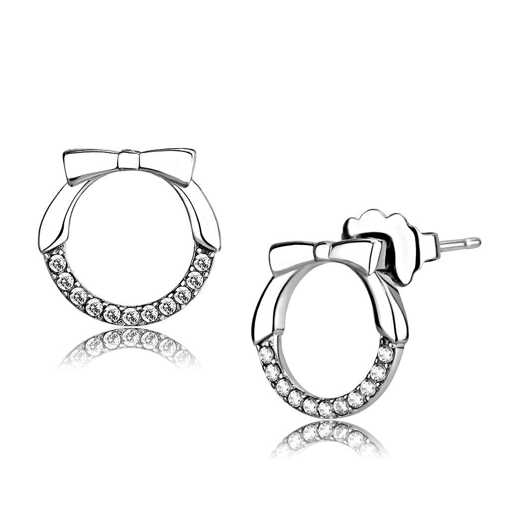 JCE210 High polished (no plating) Stainless Steel Earrings with AAA Grade CZ in Clear