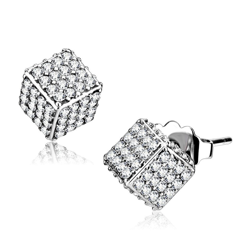 JCE213 High polished (no plating) Stainless Steel Earrings with AAA Grade CZ in Clear