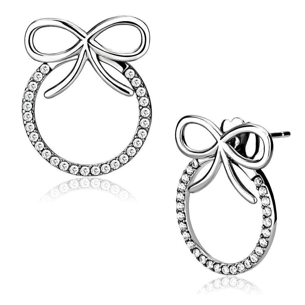 JCE218 High polished (no plating) Stainless Steel Earrings with AAA Grade CZ in Clear