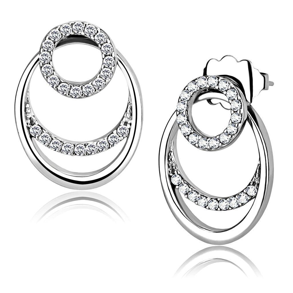 JCE219 High polished (no plating) Stainless Steel Earrings with AAA Grade CZ in Clear