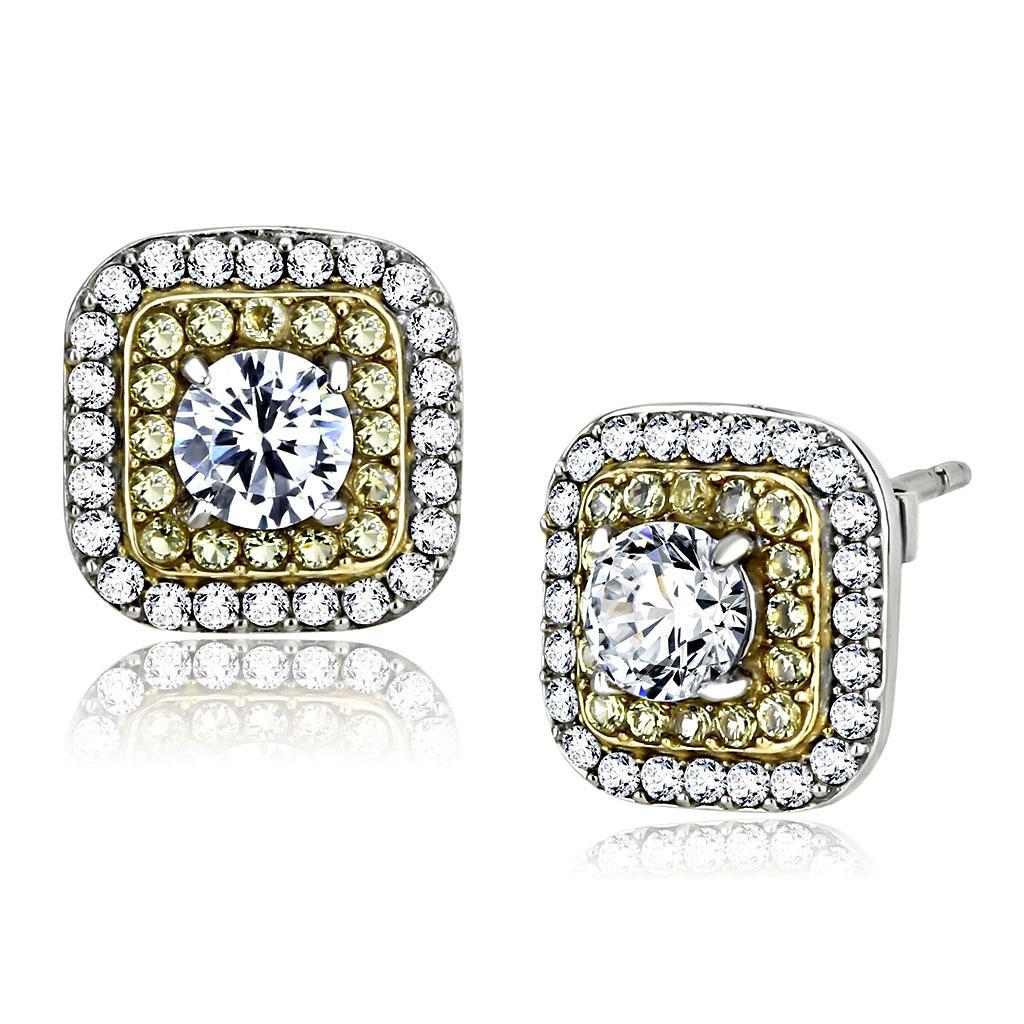 JCE220 Two-Tone IP Gold (Ion Plating) Stainless Steel Earrings with AAA Grade CZ in Clear