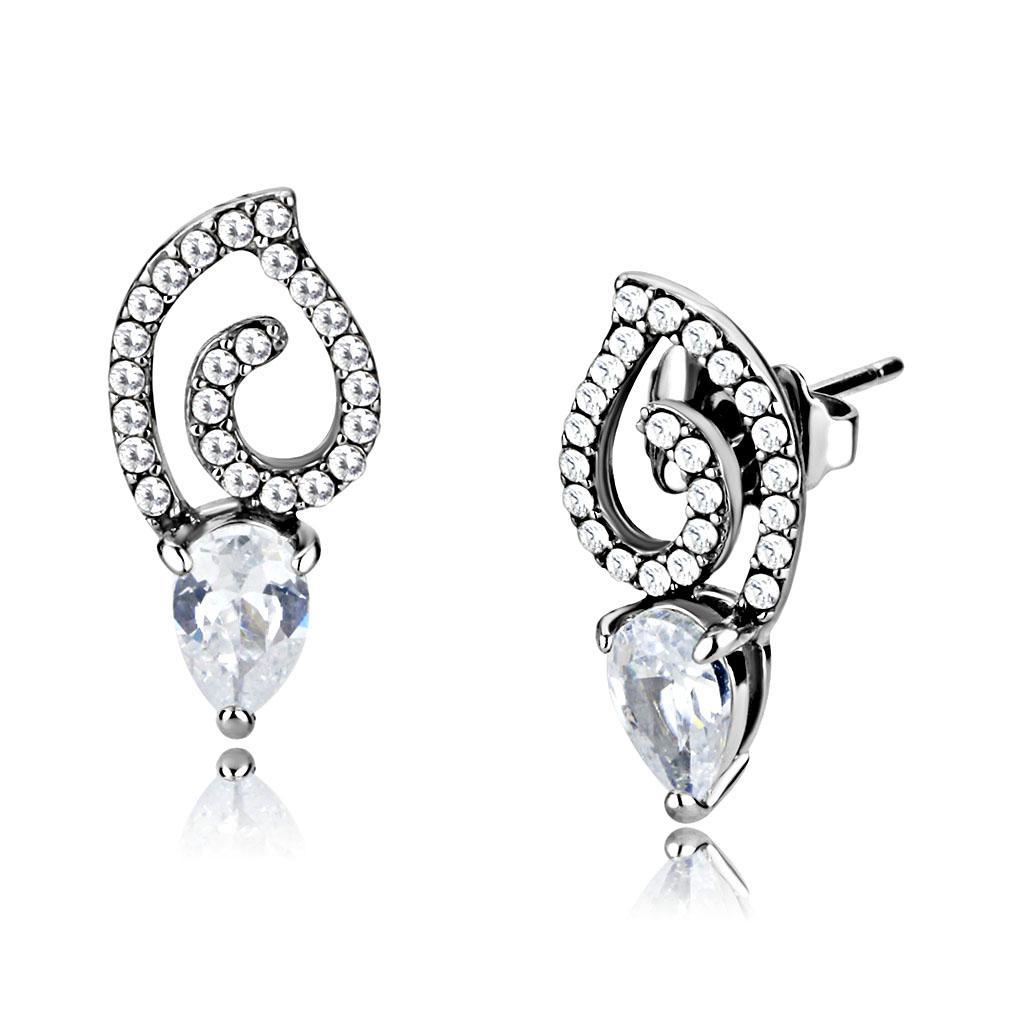 JCE291 High polished (no plating) Stainless Steel Earrings with AAA Grade CZ in Clear
