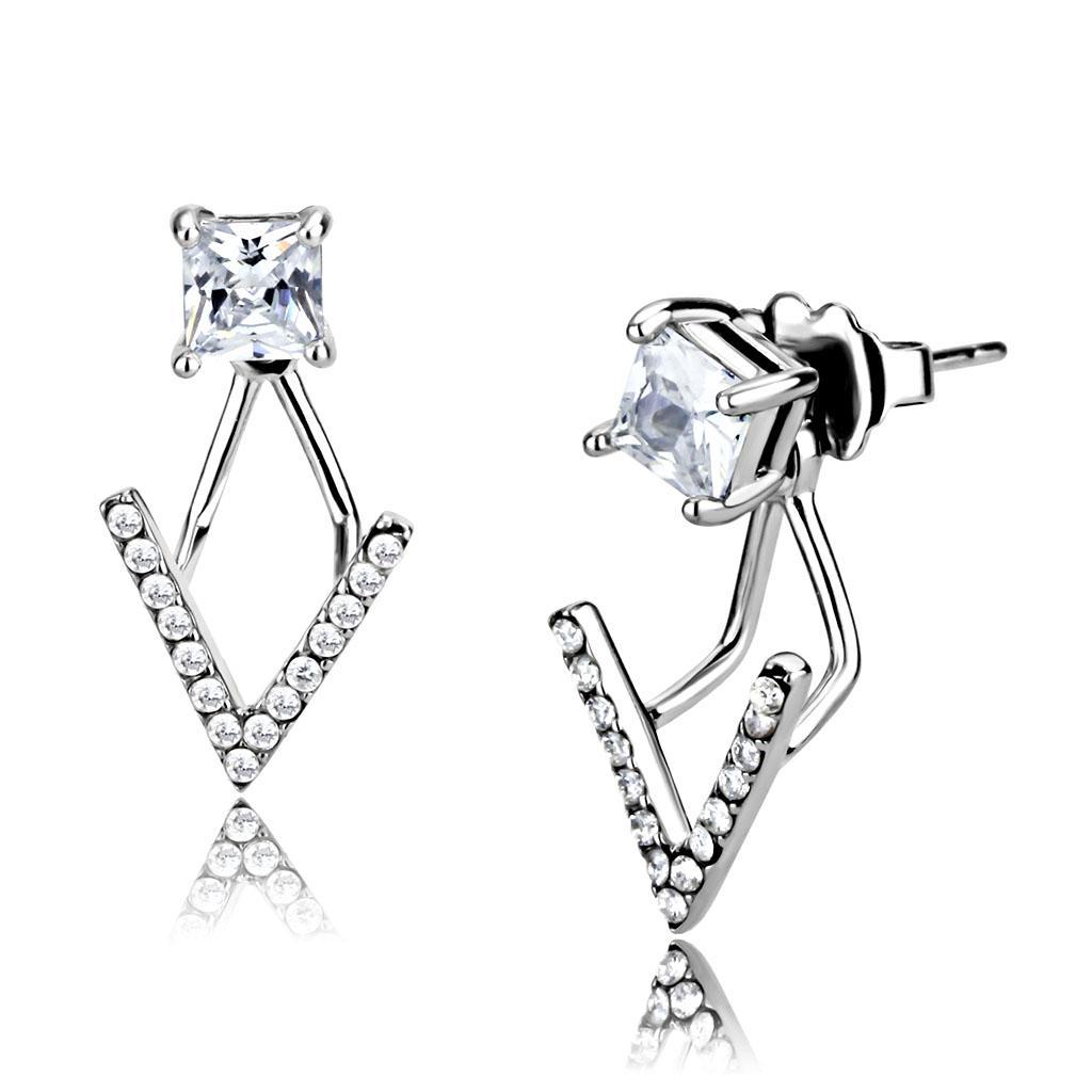 JCE292 High polished (no plating) Stainless Steel Earrings with AAA Grade CZ in Clear
