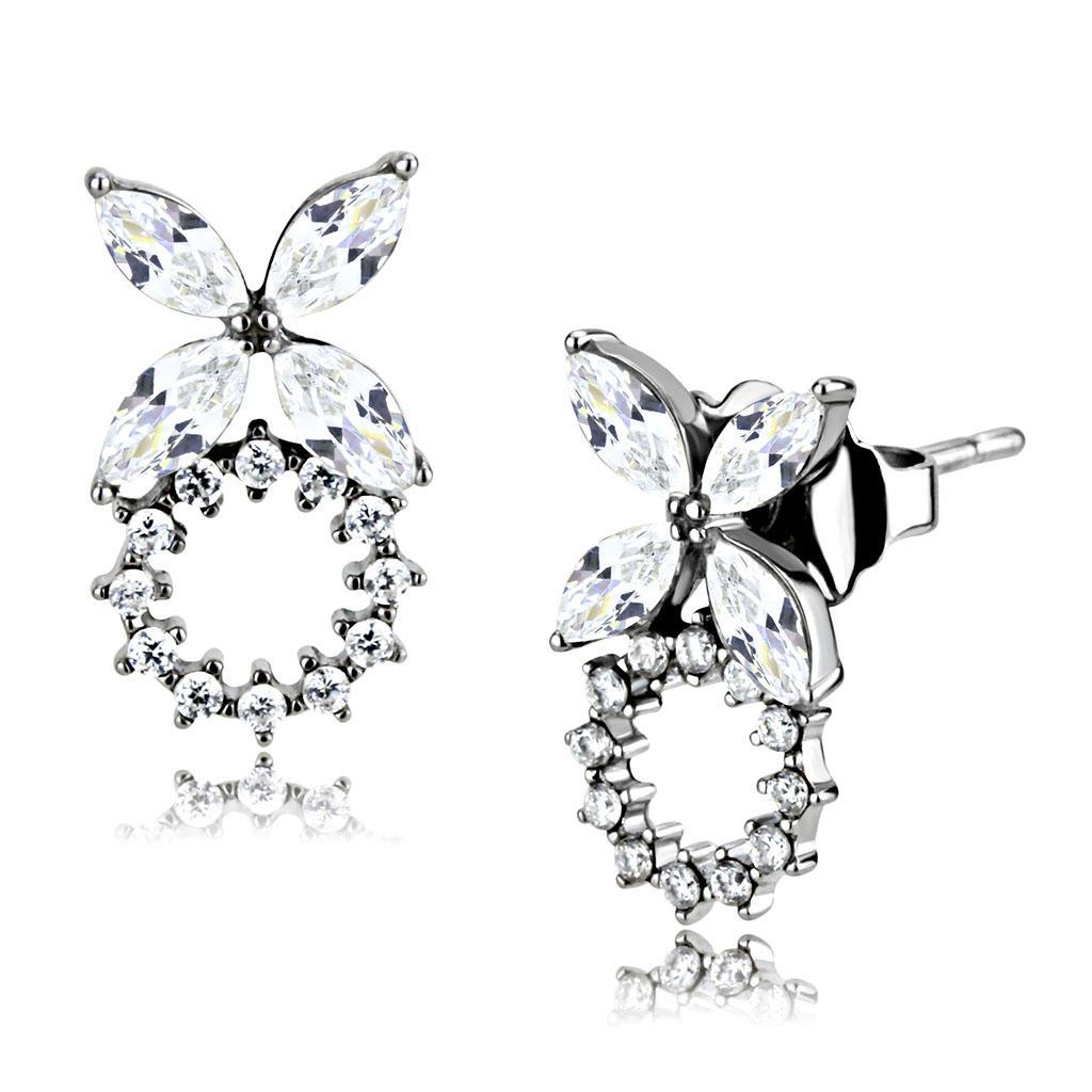 JCE296 High polished (no plating) Stainless Steel Earrings with AAA Grade CZ in Clear