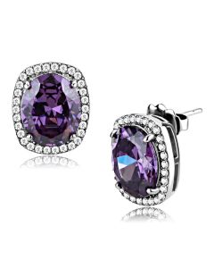 JCE298 High polished (no plating) Stainless Steel Earrings with AAA Grade CZ in Amethyst