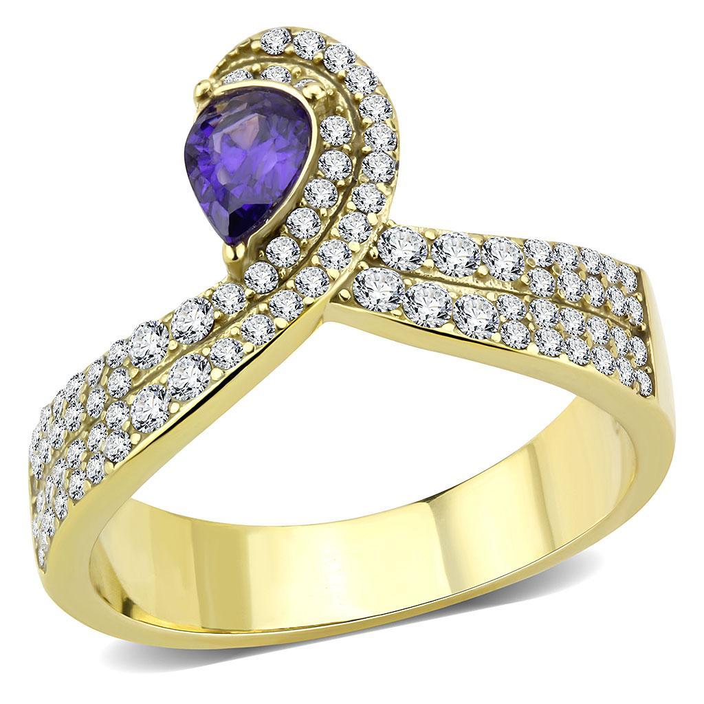 JCE304 IP Gold(Ion Plating) Stainless Steel Ring with AAA Grade CZ  in Tanzanite