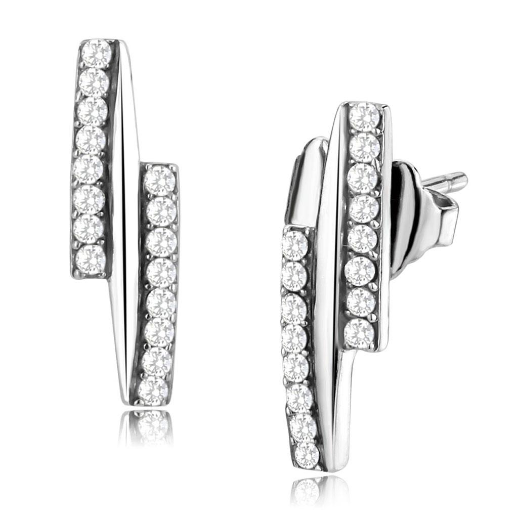JCE369 High polished (no plating) Stainless Steel Earrings with AAA Grade CZ in Clear