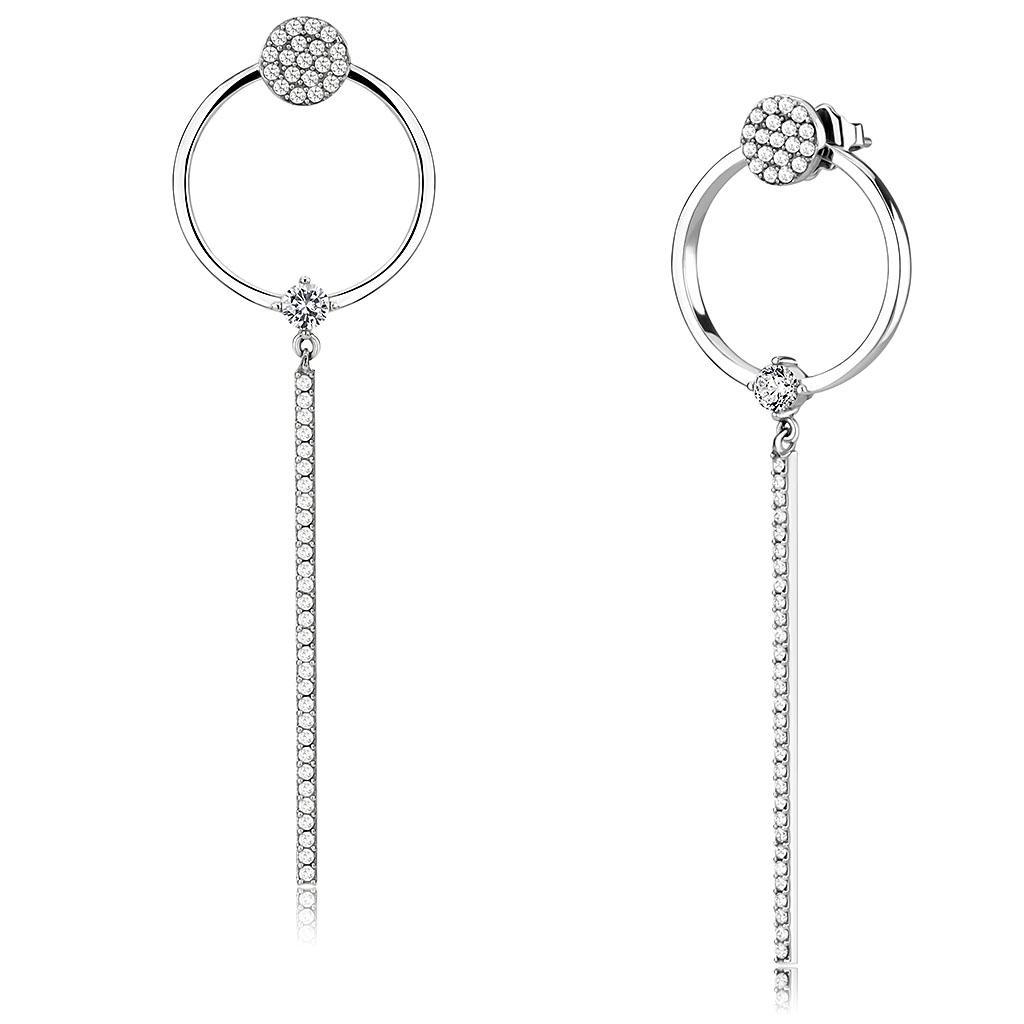 JCE371 High polished (no plating) Stainless Steel Earrings with AAA Grade CZ in Clear