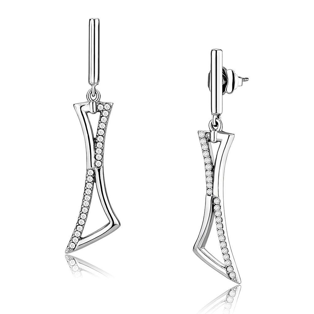 JCE372 High polished (no plating) Stainless Steel Earrings with AAA Grade CZ in Clear