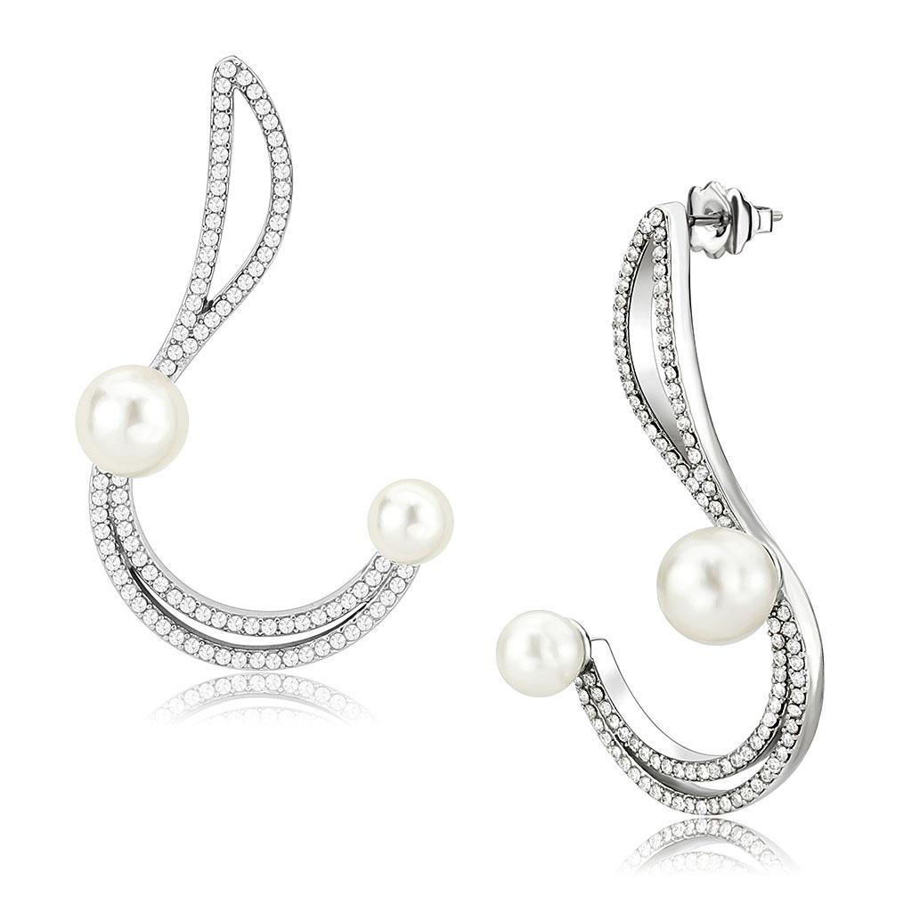 JCE375 High polished (no plating) Stainless Steel Earrings with Synthetic Pearl in White