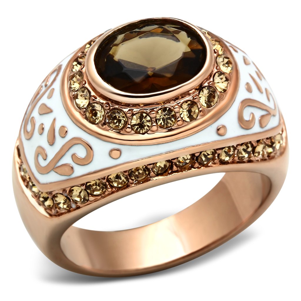 JCE203 IP Rose Gold(Ion Plating) Brass Ring with Synthetic Synthetic Glass in Brown