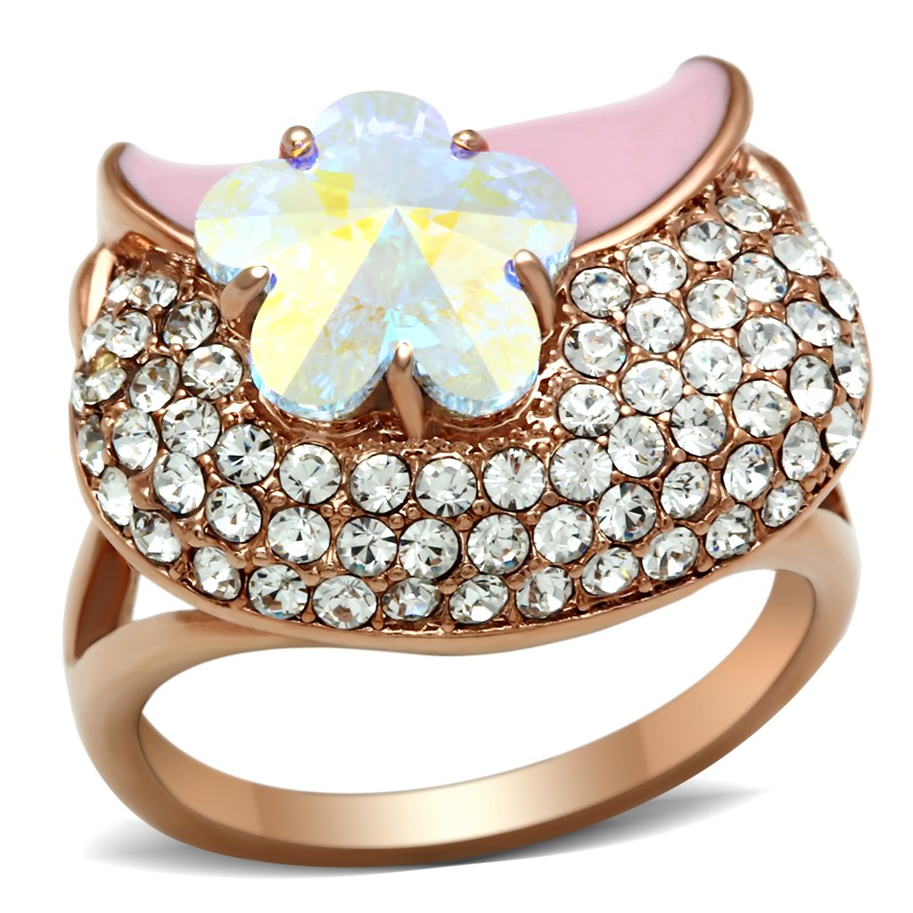 JCE220 IP Rose Gold(Ion Plating) Brass Ring with Top Grade Crystal  in Clear