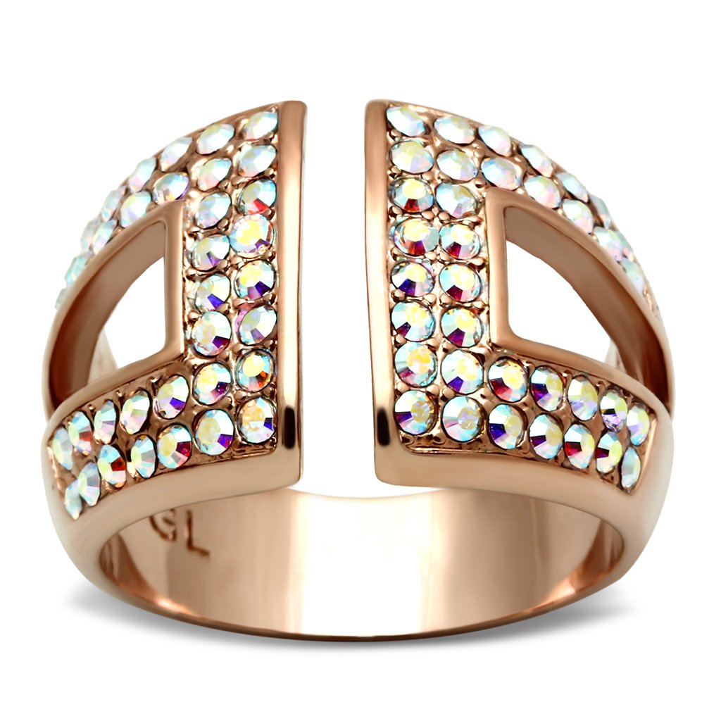 JCE222 IP Rose Gold(Ion Plating) Brass Ring with Top Grade Crystal  in Aurora Borealis (Rainbow Effect)