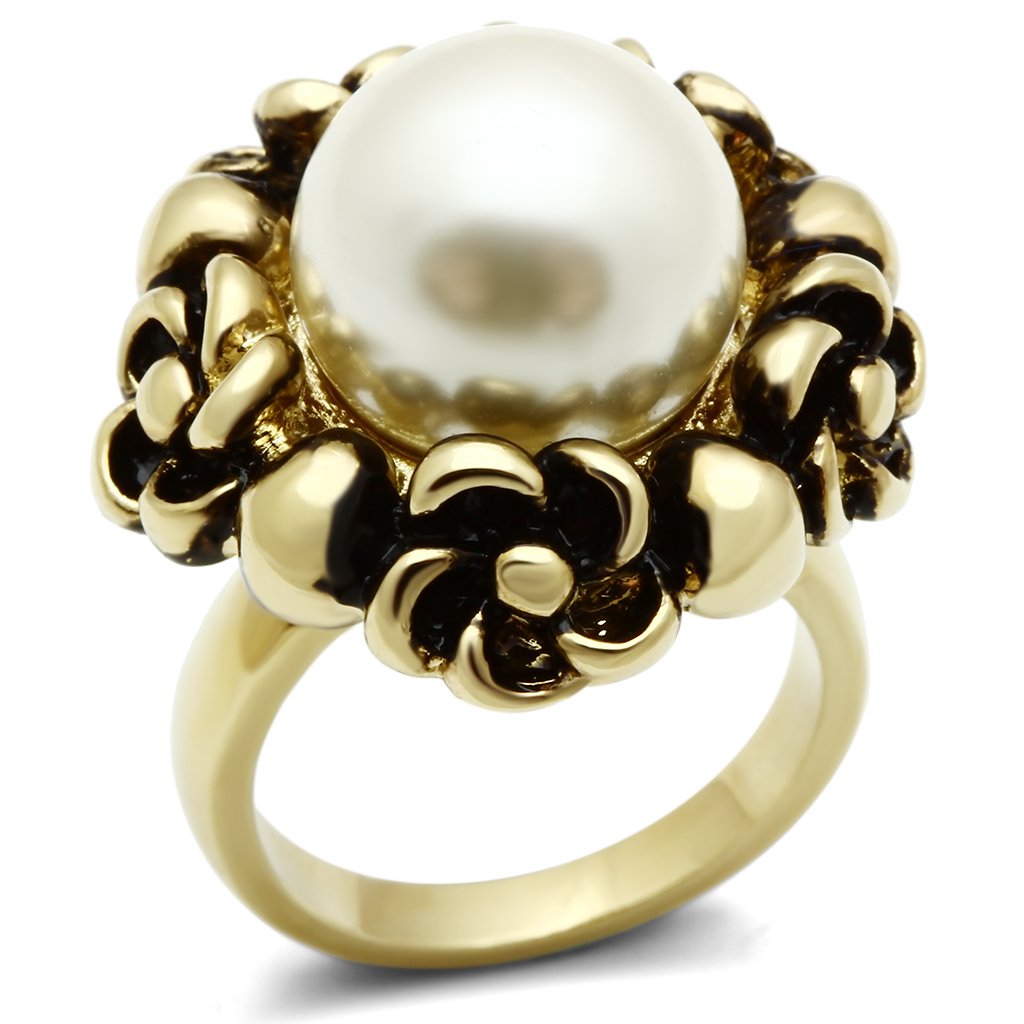 JCE308 IP Gold(Ion Plating) Brass Ring with Synthetic Pearl in White