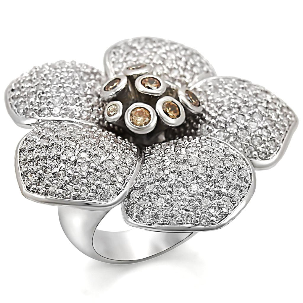 JCE1352 Rhodium Brass Ring with AAA Grade CZ  in Champagne