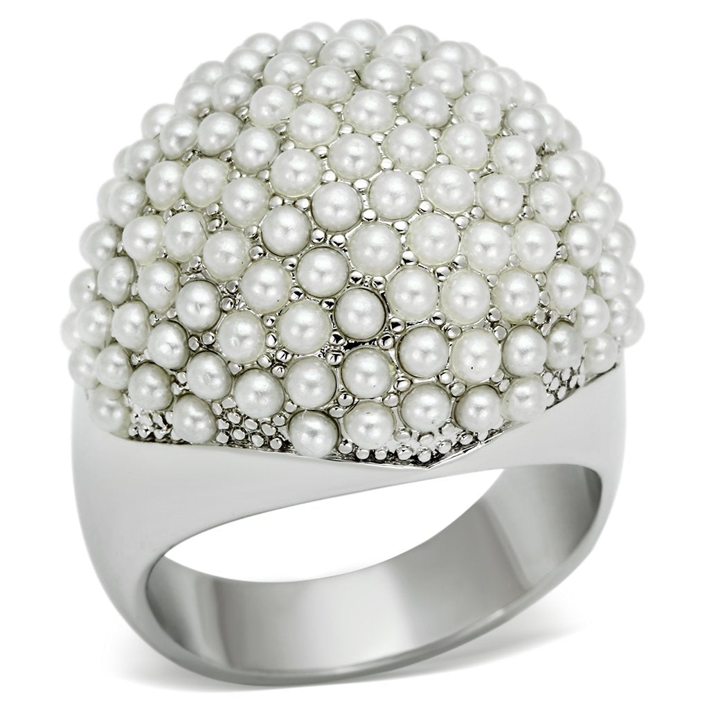 JCE2433 Rhodium Brass Ring with Synthetic Pearl in White