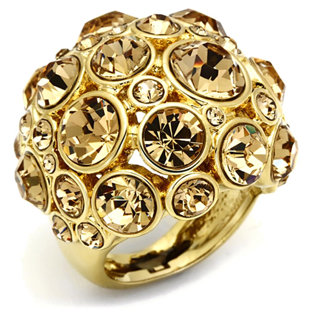 JCE2463 Gold Brass Ring with Top Grade Crystal in Light Smoked