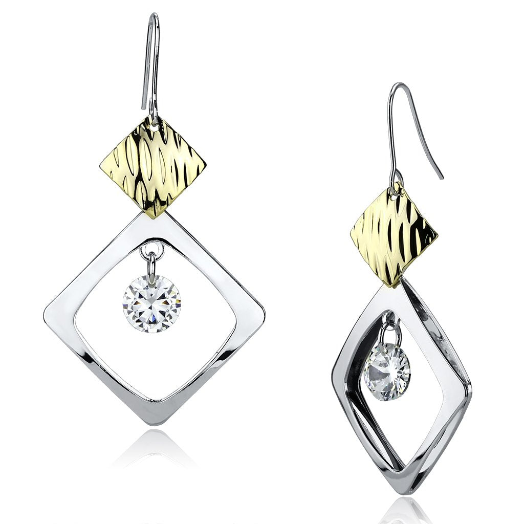 JCE2670 Gold+Rhodium Iron Earrings with AAA Grade CZ in Clear