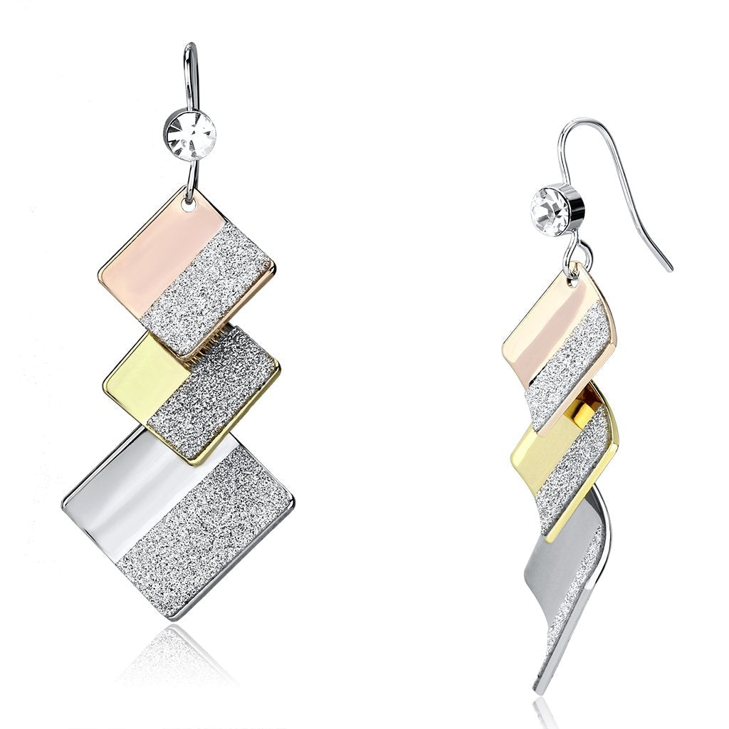 JCE2713 Rhodium + Gold + Rose Gold Iron Earrings with Top Grade Crystal in Clear