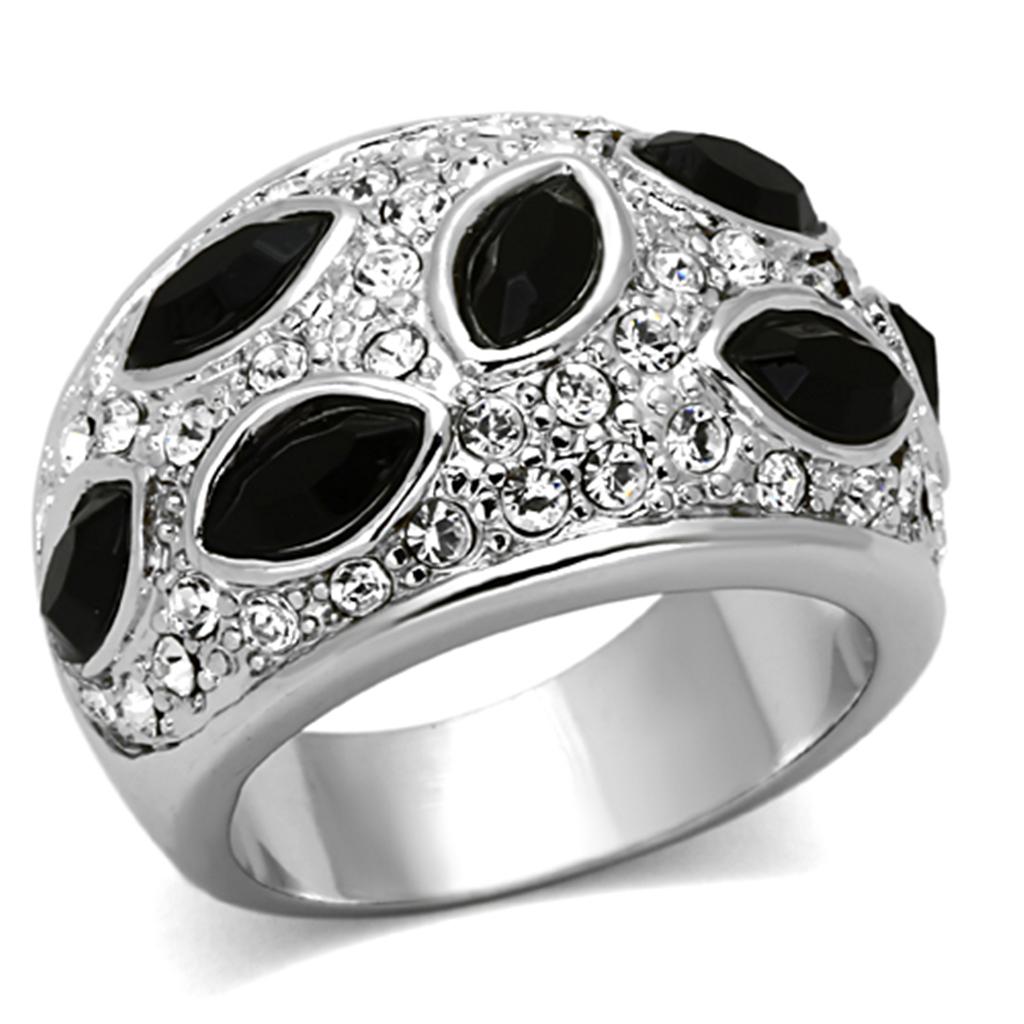 JCE2957 Rhodium Brass Ring with Synthetic Cat Eye in Jet