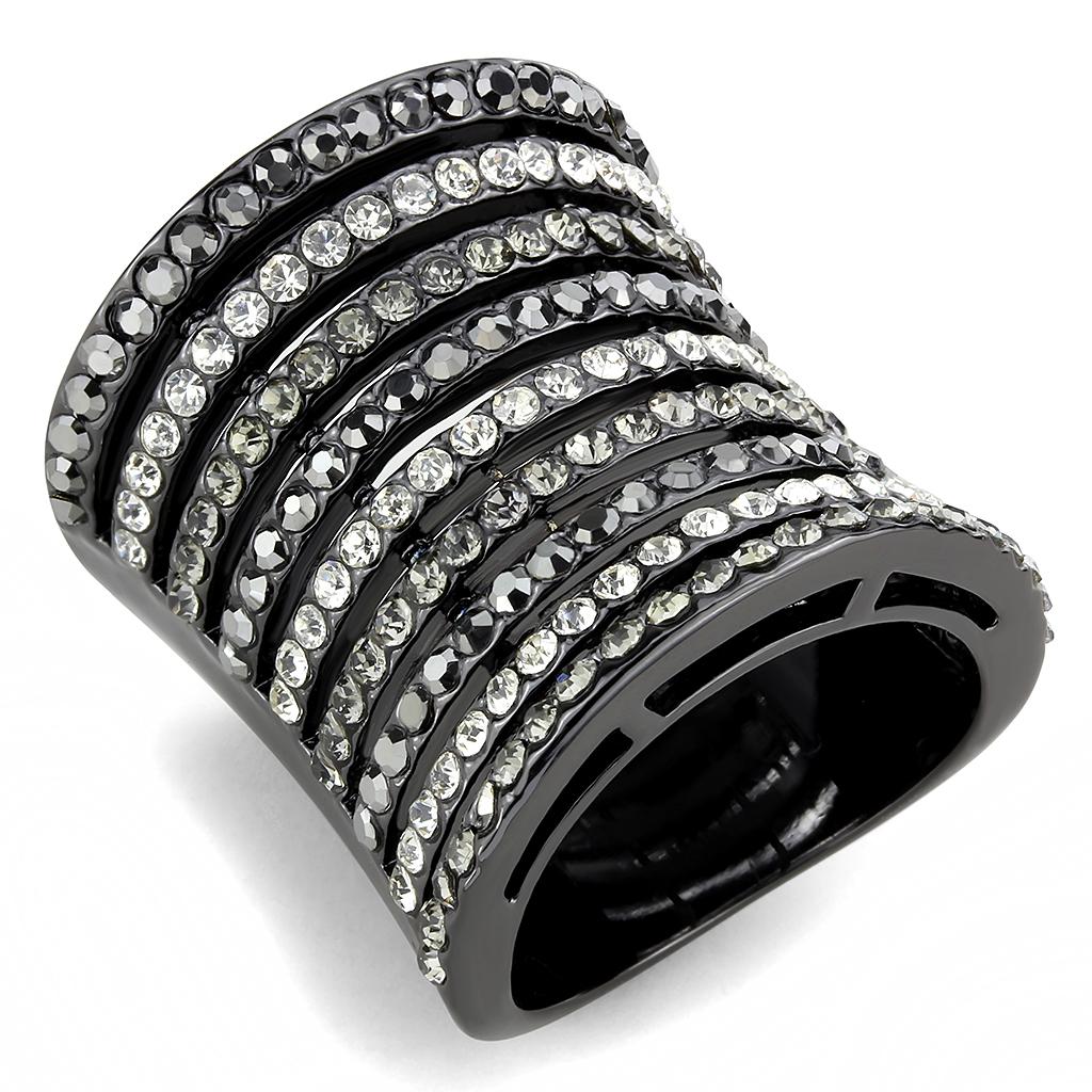 JCE2967 Ruthenium Brass Ring with Top Grade Crystal in Black Diamond